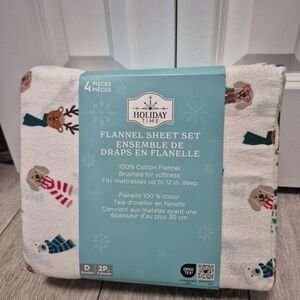 Holiday Time White 100% Cotton Double Size Flannel Sheet Set with Festive Animal